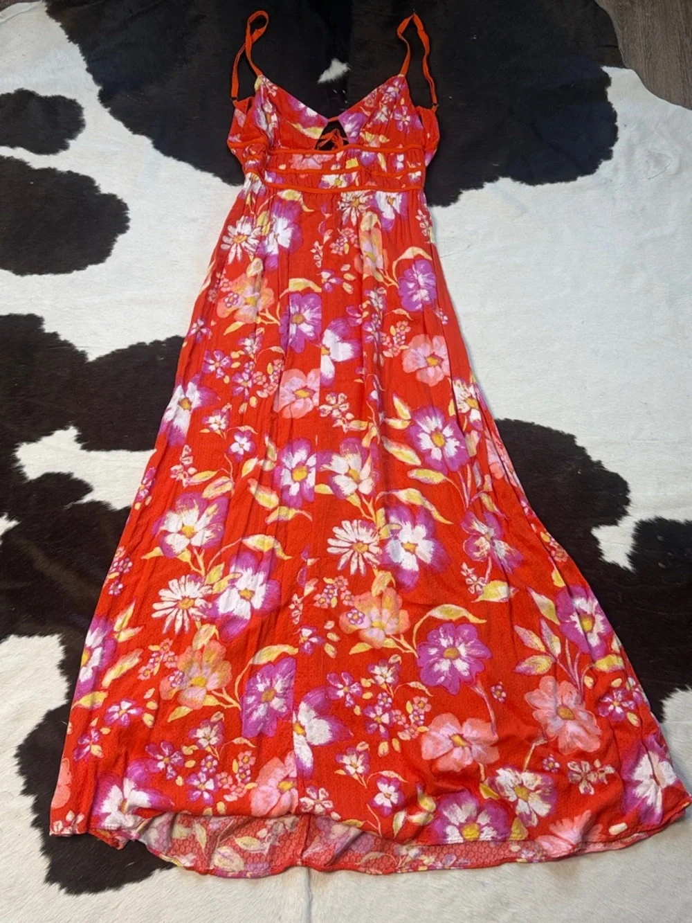 Orange Floral Maxi Dress with Purple & White Blooms - Picture 1 of 6